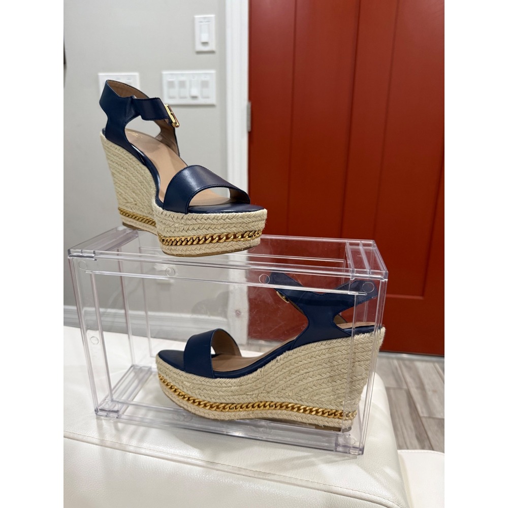 G.I.L.I. Navy Blue Espadrille Wedge Sandals with Gold Chain Detail